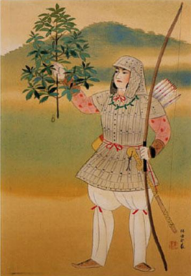 Possibly Emperor Jingu holding tree and bow as offerings
